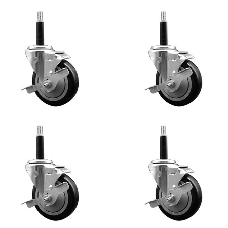 Service Caster 4'' SS Black Poly Swivel 3/4'' Expanding Stem Caster Set with Brake, 4PK SCC-SSEX20S414-PPUB-BLK-TLB-34-4